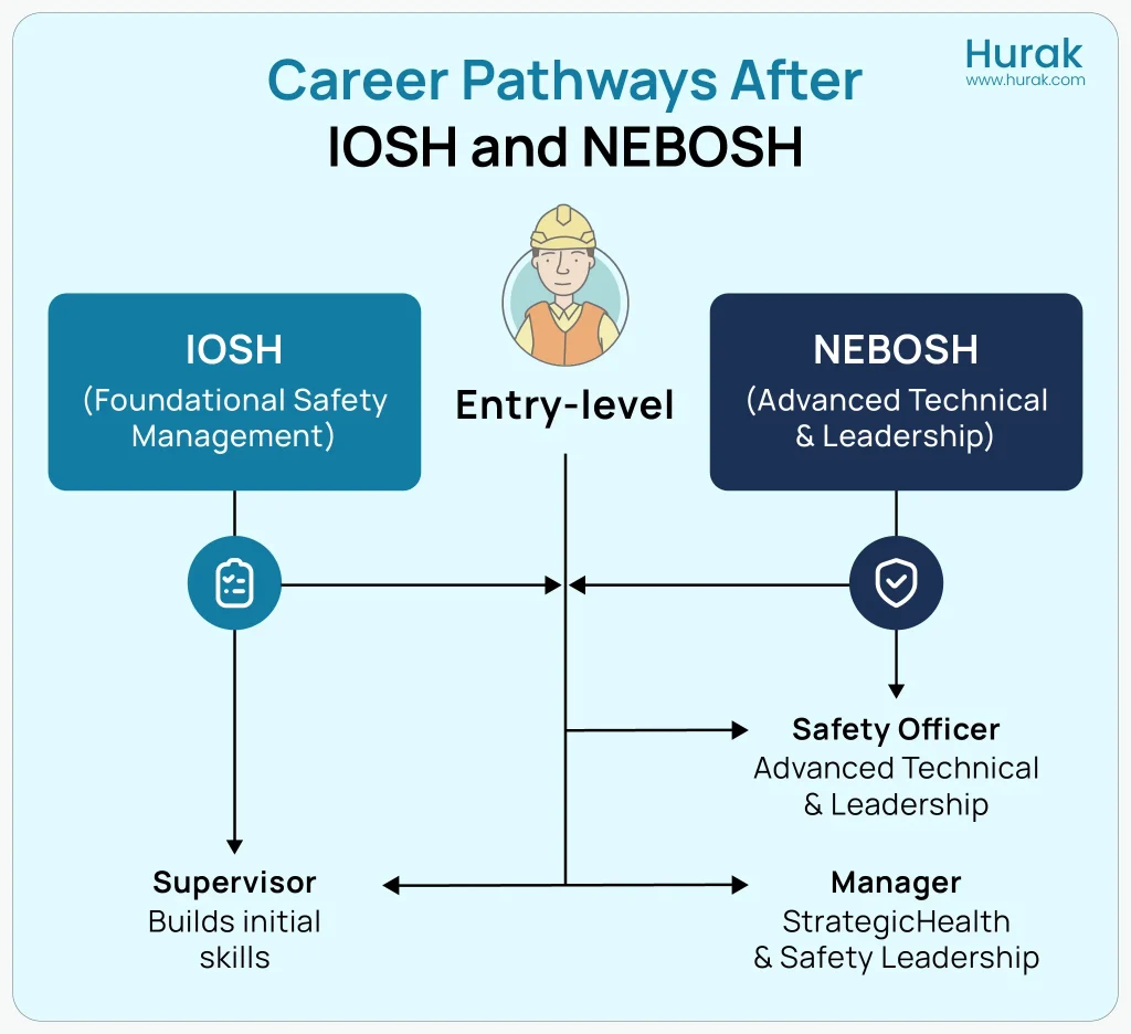 Infographic career progression chart showing jobs and opportunities after IOSH and NEBOSH certification