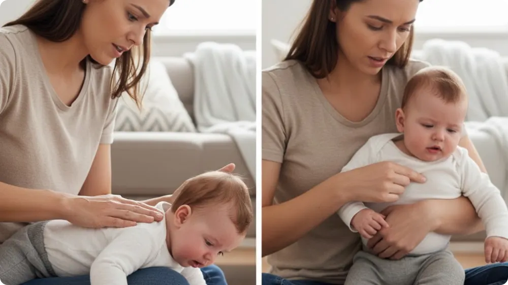 Showing two baby positions: one lying safely on the back for sleeping, and another face down on an adult’s arm. Demonstrating the correct choking first aid position.