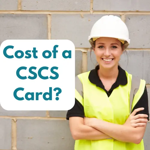 Woman construction worker wearing a hard hat and safety vest, smiling while asking about the cost of a CSCS card
