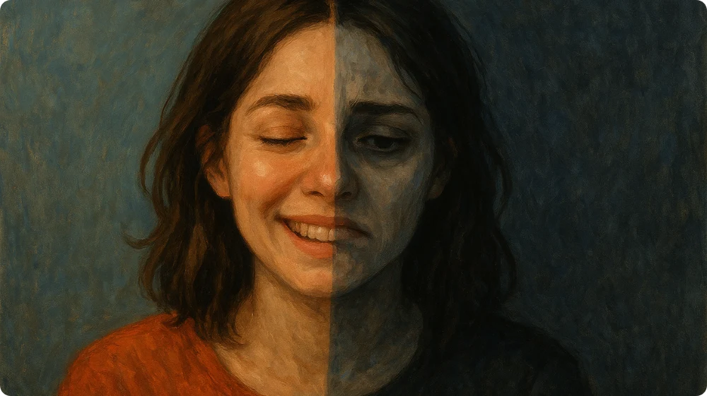  young woman showing two contrasting emotions symbolising bipolar disorder 