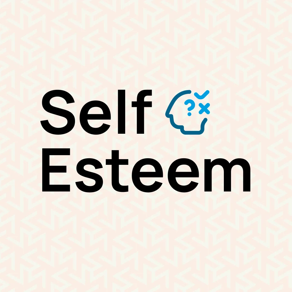 An illustration representing the concept of self-esteem, featuring the words "Self Esteem" with a question mark and an X in a brain icon.