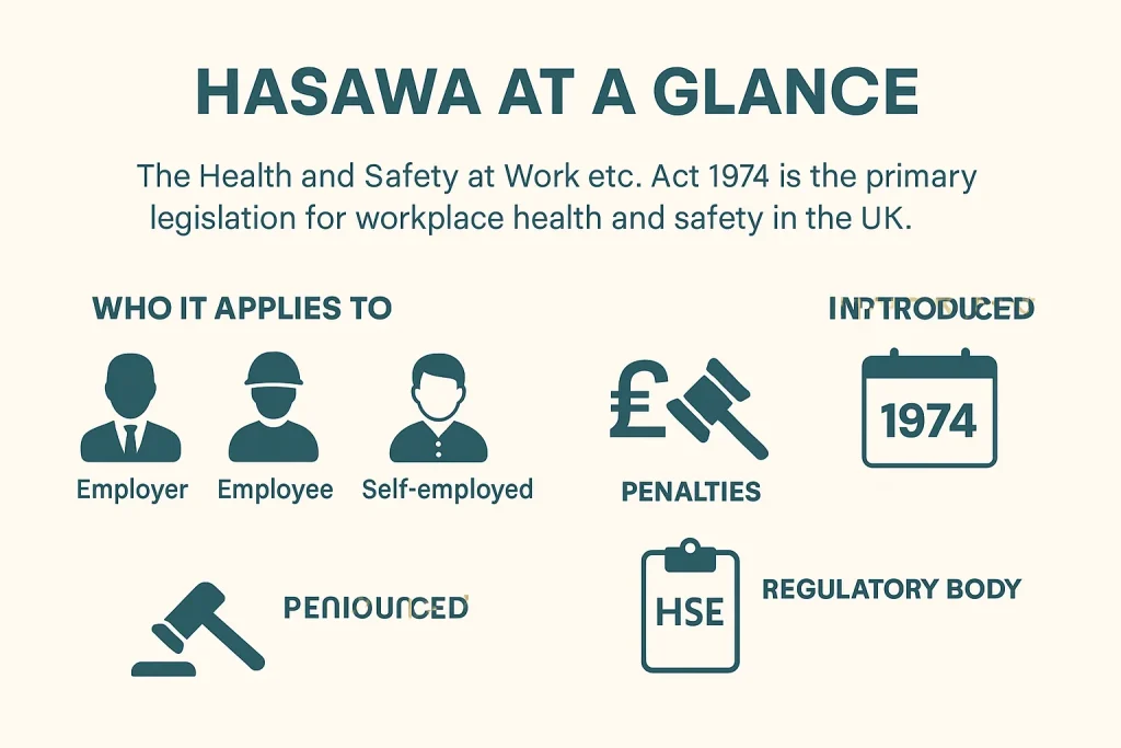 Infographic titled "HASAWA at a Glance" summarising the Health and Safety at Work Act 1974 with icons for who it applies to, introduction year, penalties, and the HSE.