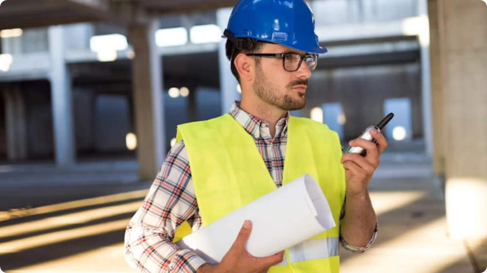 Construction site manager overseeing workers and safety on a building site