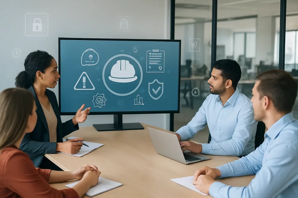 Trainees reviewing digital safety and compliance visuals created with AI tools in a modern training environment.