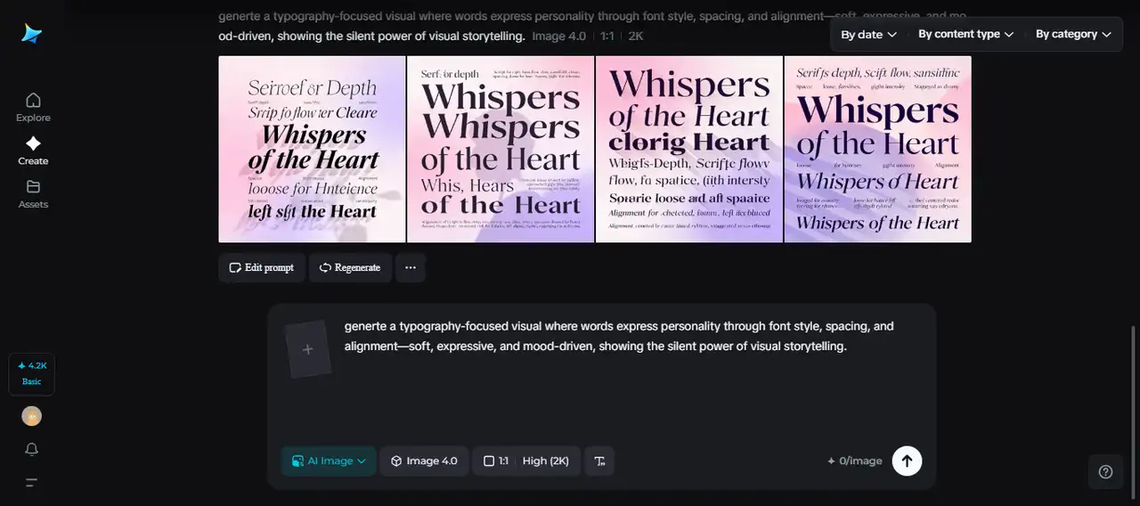 AI-generated typography examples displaying consistent style and layout for the text 'Whispers of the Heart', showcasing different font styles and visual storytelling design.