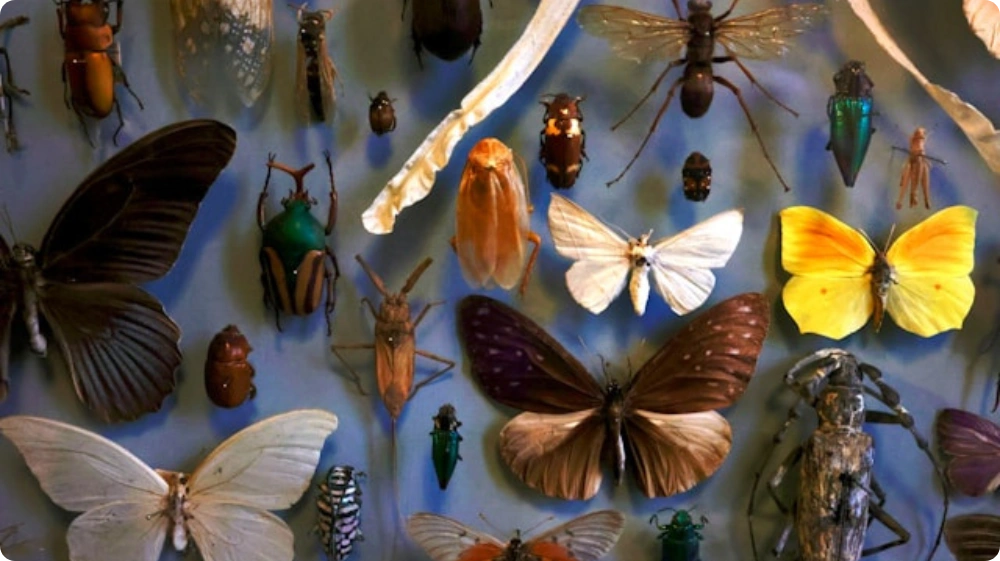 A close-up view of various insects and butterflies pinned on display, including beetles, moths, and grasshoppers, representing the diversity of species that can trigger entomophobia