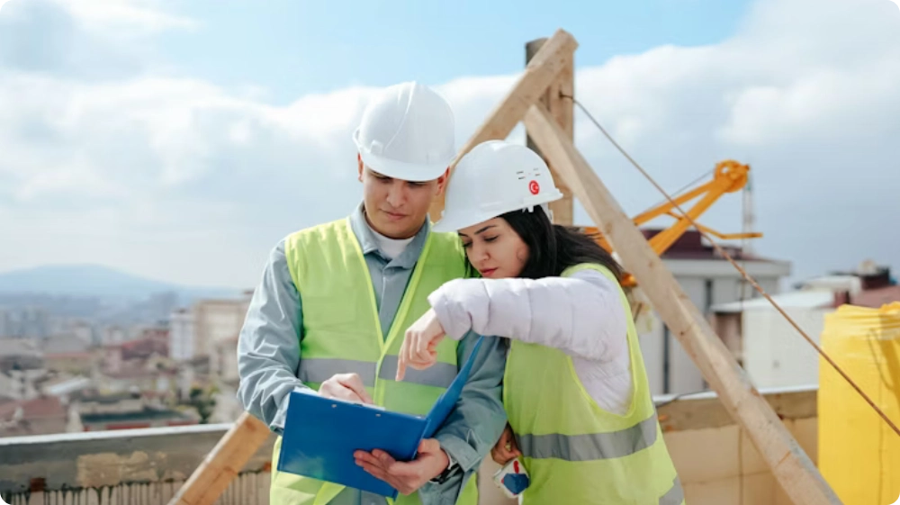 Two construction site managers reviewing plans on a building site, wearing safety helmets and reflective vests