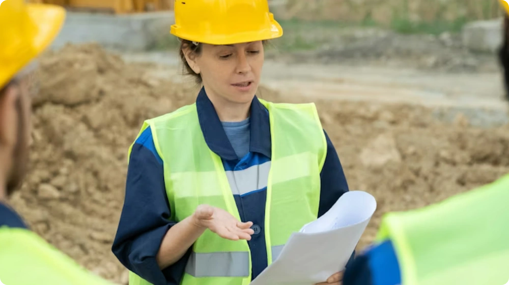 A female construction supervisor wearing a yellow hard hat and reflective vest holds documents while briefing two workers on a construction site