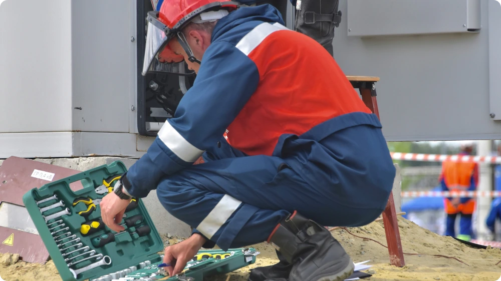 Electrical worker using tools near power equipment with proper PPE to reduce workplace hazards