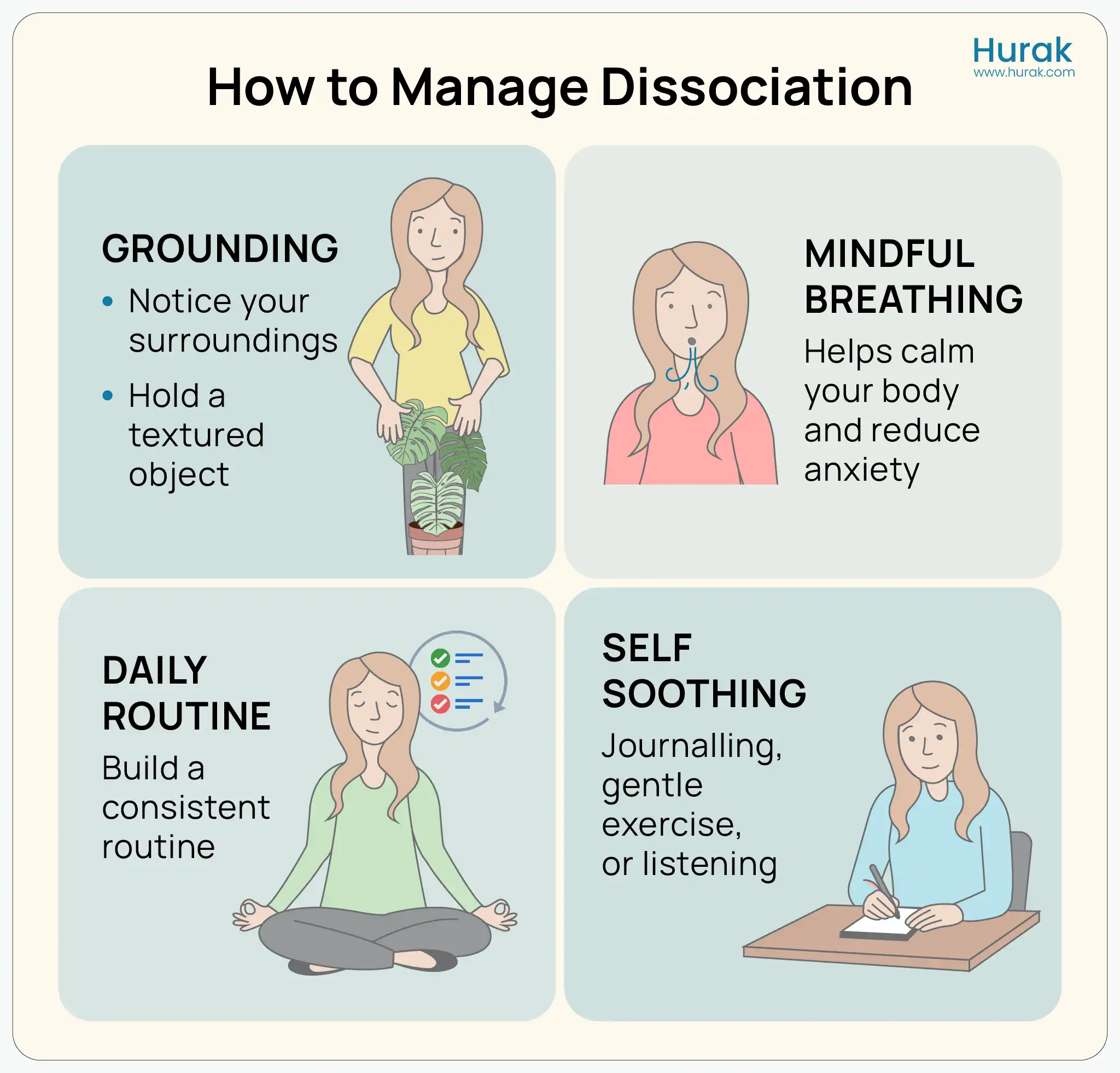 Infographic showing grounding, mindful breathing, daily routine, and self-soothing techniques to stop dissociating