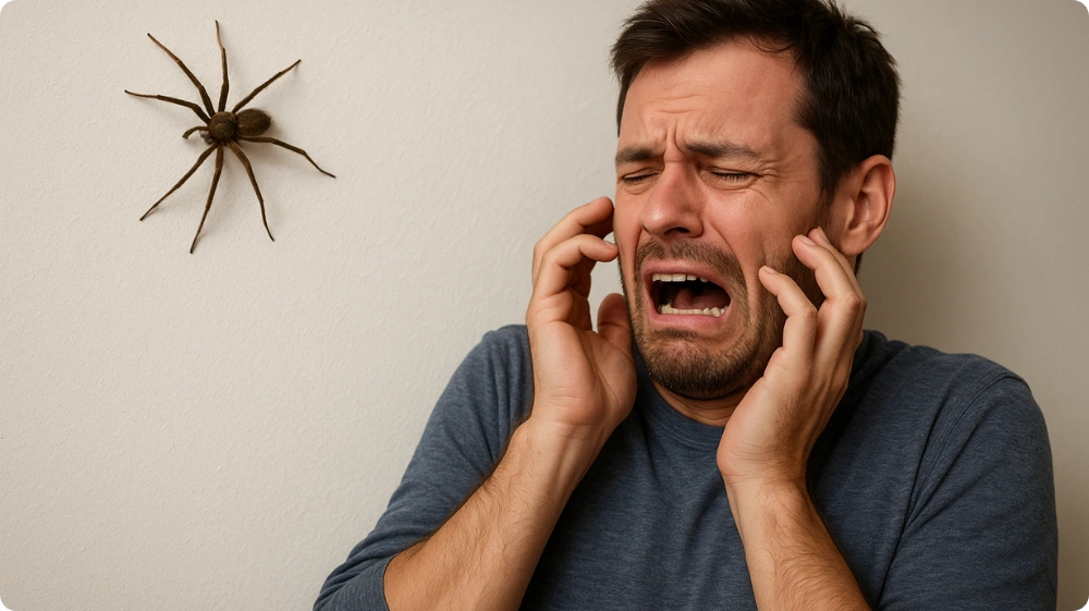 A frightened man reacting with fear to a spider on the wall, representing entomophobia or fear of insects.