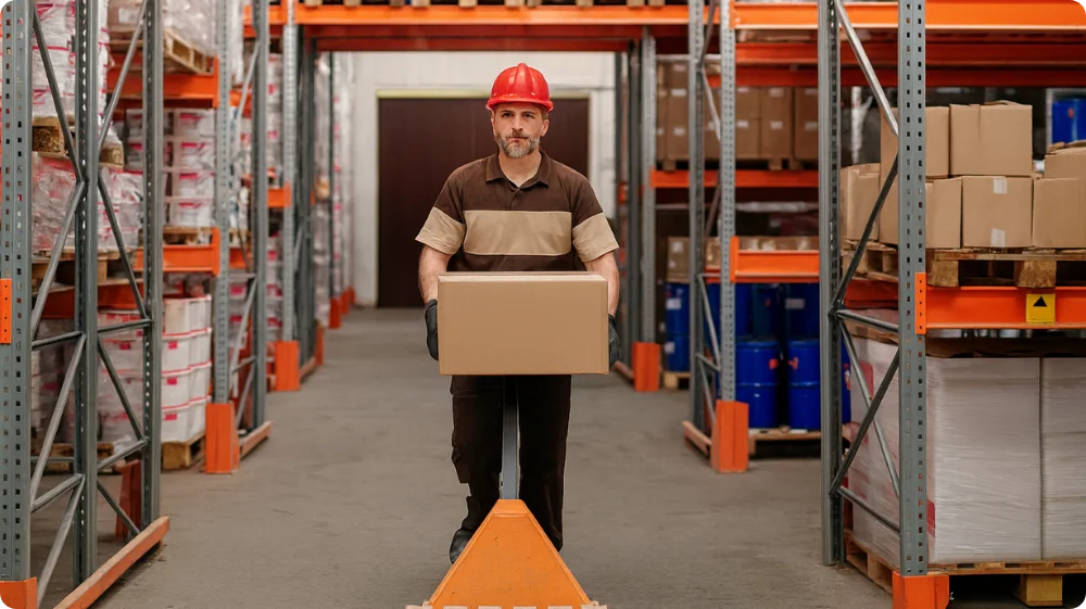 A construction worker carrying and moving the load, with proper equipment and training.