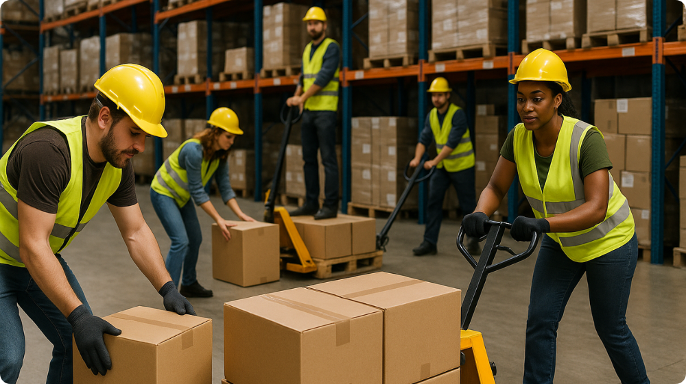 Warehouse workers using pallet jacks to move heavy loads, demonstrating safe manual handling practices.