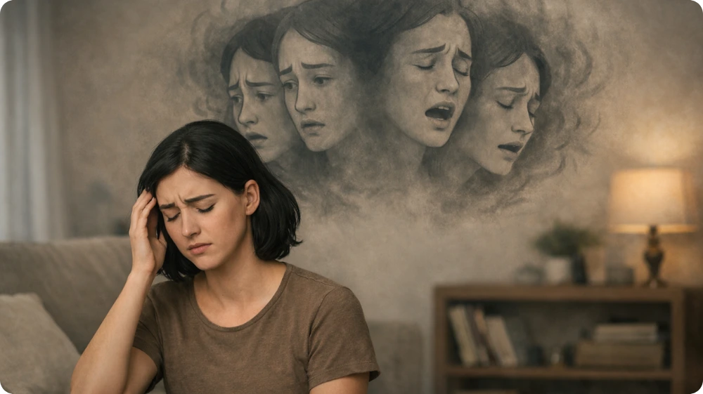 Illustration of a person overwhelmed by schizophrenic symptoms. 