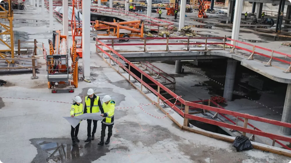 Construction supervisors on a building site reviewing safety plans, representing the role of SSSTS-trained professionals in ensuring site safety and compliance.