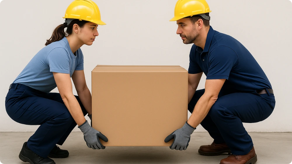 Two people lifting a large box together, demonstrating safe manual handling techniques and minimising the risks of injuries while working.