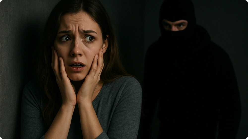 A terrified woman experiencing scelerophobia, fearing a masked burglar might be standing behind her in a dark room.