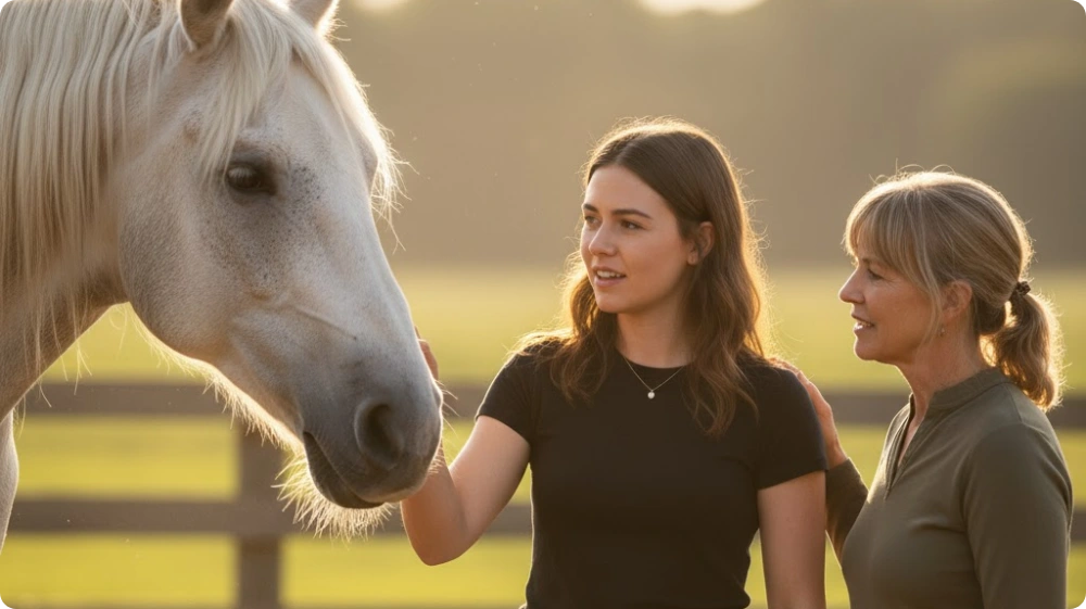 Two women patting a horse shows that the woman has overcome Equinophobia.