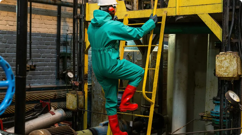 Industrial worker climbing ladder with PPE to prevent workplace hazards