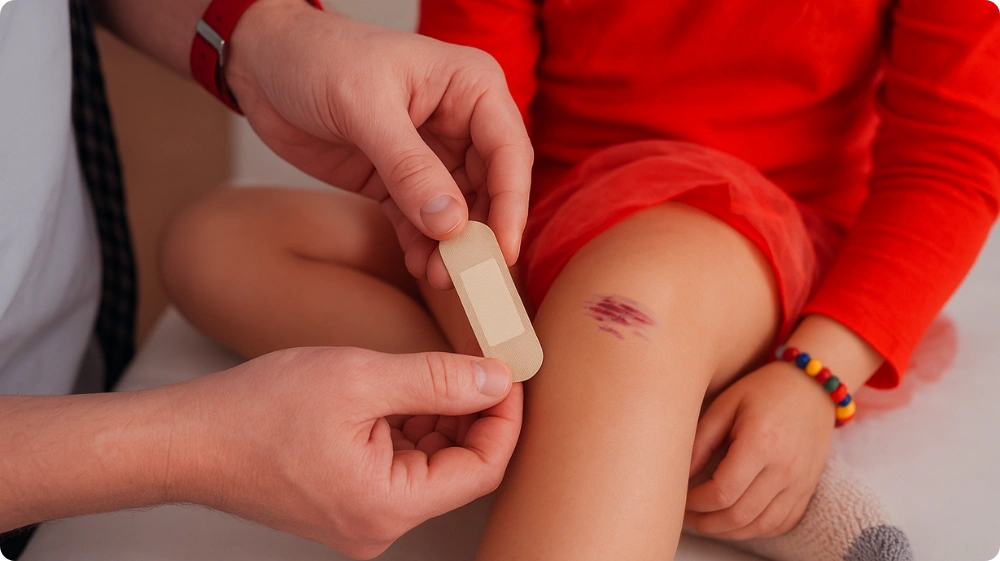 A parent gently caring for a child's scraped knee, symbolising home first aid for minor injuries.