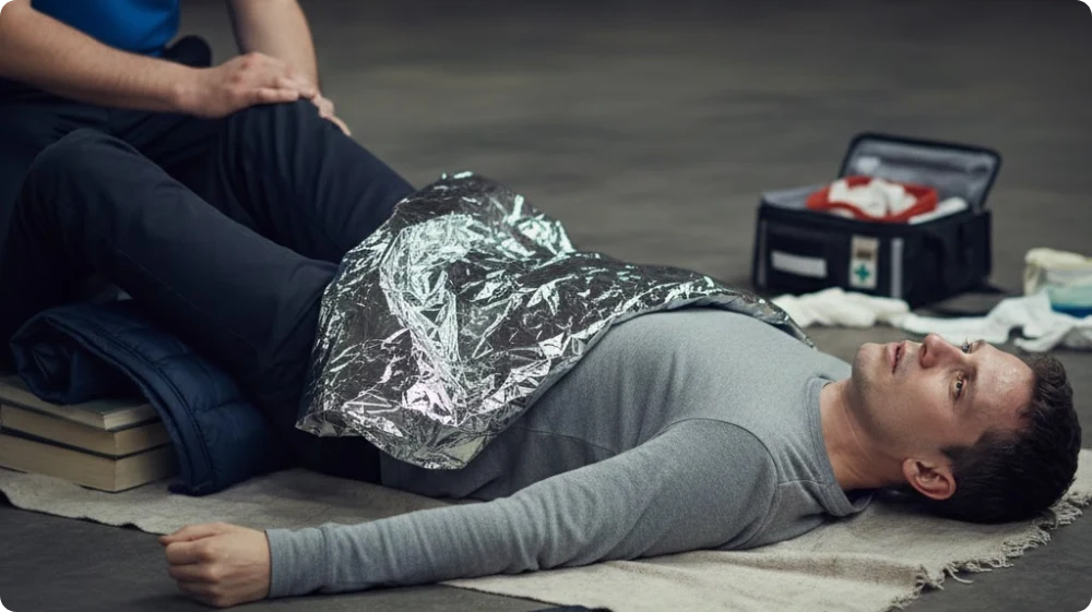 The correct position for first aid for a person in shock is lying flat with elevated legs.