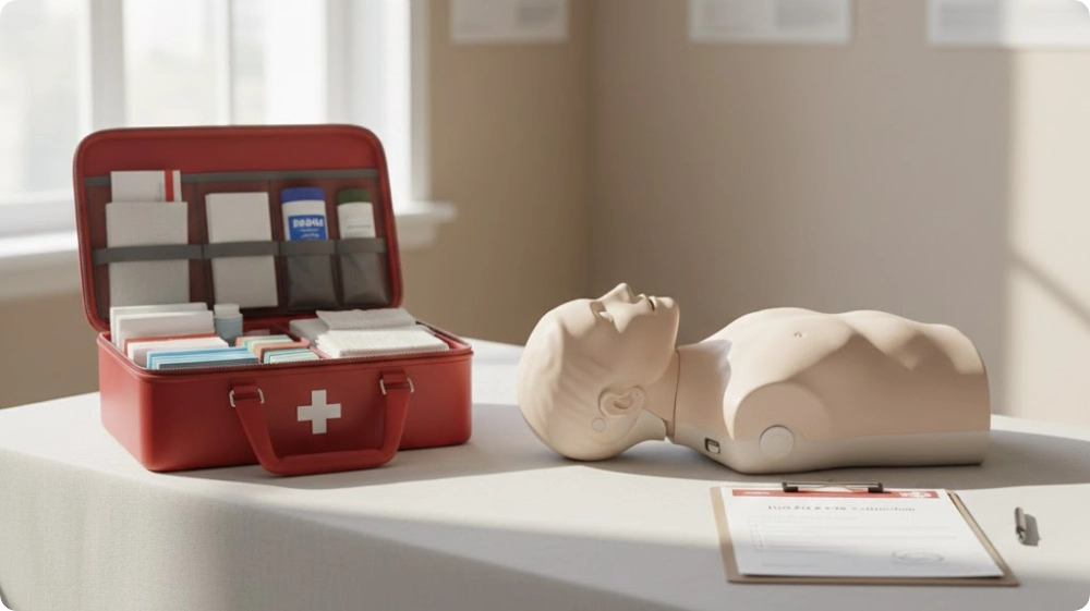 First aid training setup with CPR manikin, first aid kit, and certification on the table. URL