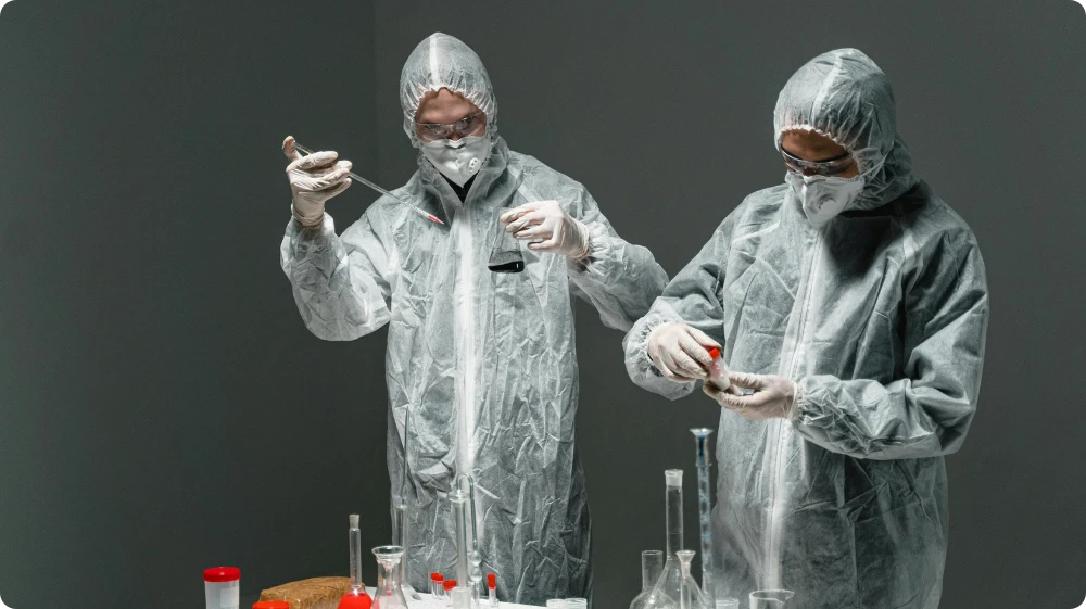 Two workers at a work site are analysing a hazardous substance, wearing a fully protected PPE kit, including masks, gloves, and goggles, while following health and safety rules at the workplace.