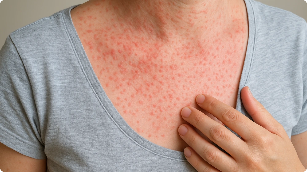 Skin irritation and small red bumps from heat rash due to hot, humid weather.