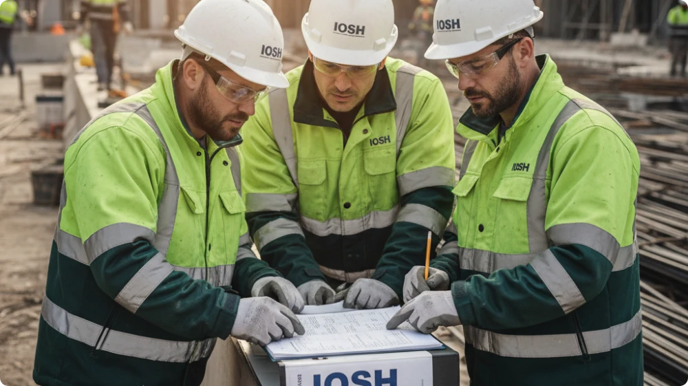 IOSH safety professionals reviewing the Code of Conduct on a construction site