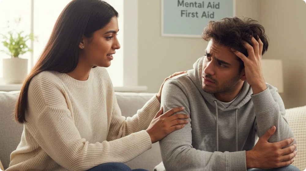 Mental health first aid moment with a woman calming a worried man.