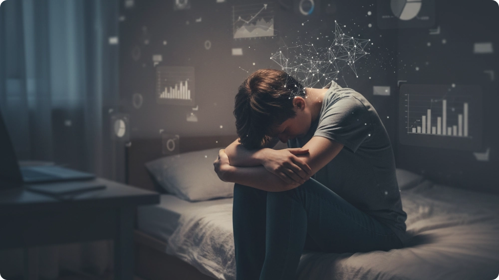 A person sitting sadly on a bed, representing mental health struggles 