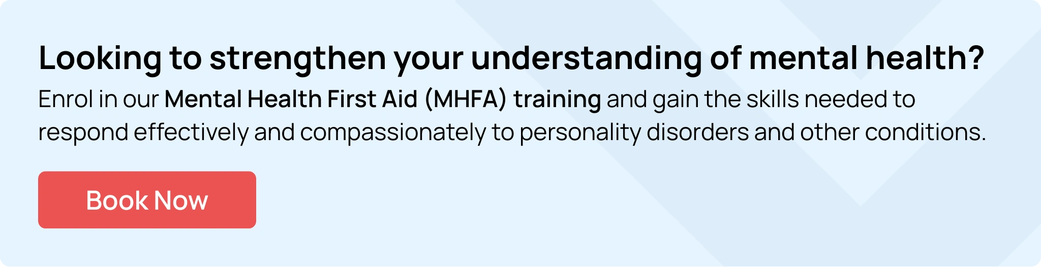 Mental Health First Aid (MHFA) course promotion banner highlighting skills to support personality disorders.