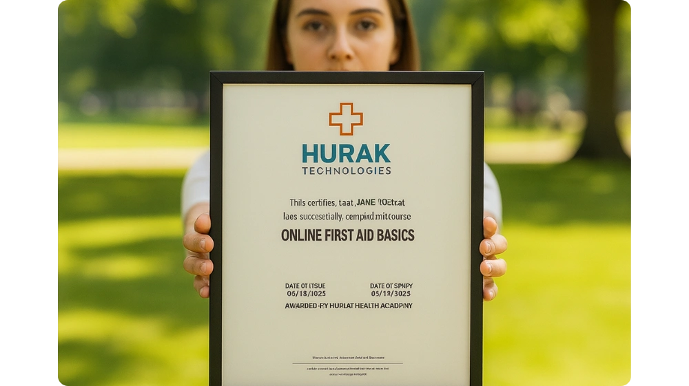 A woman holding an Online First Aid Basics course certificate in a park.