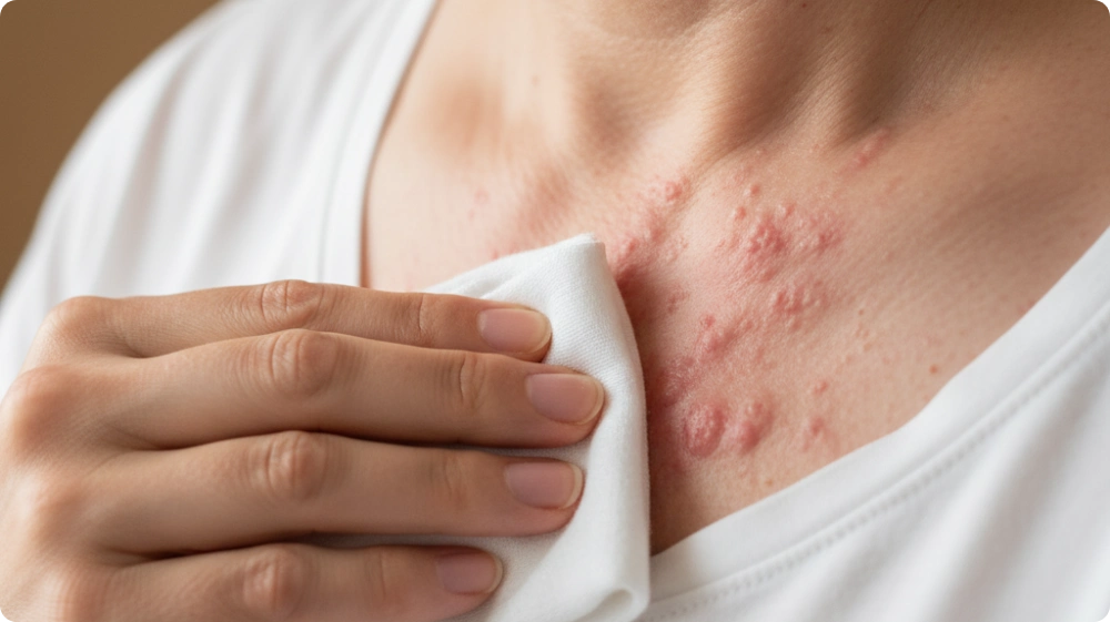 Close-up of skin irritation and redness from an allergic reaction heat rash 