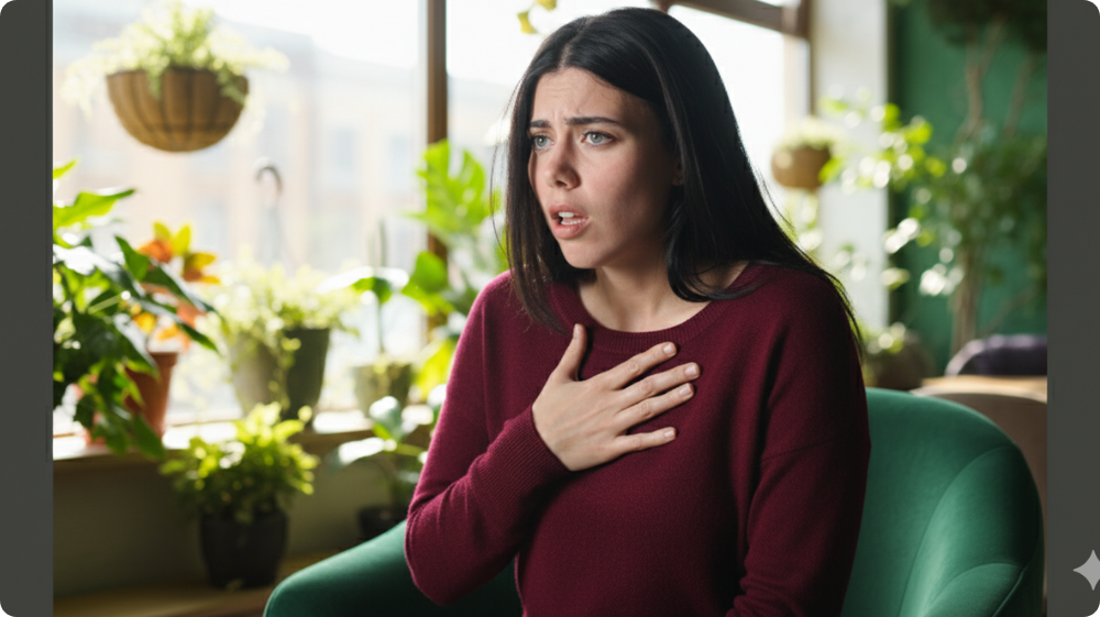 A woman experiencing breathing distress