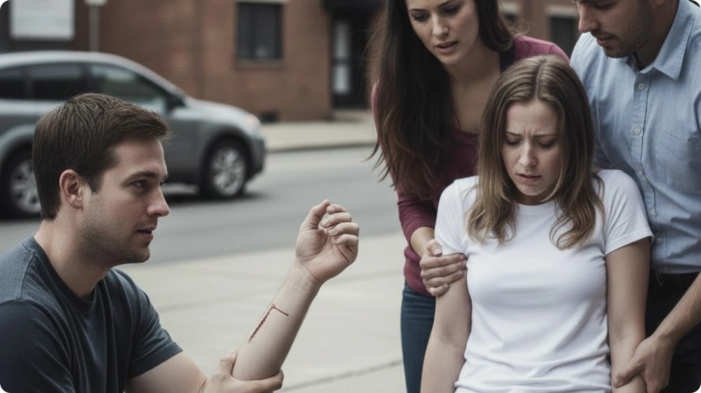 A woman faints upon seeing a small cut on a man, showing that the girl is suffering from Haemophobia.