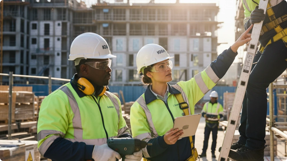 A team of three workers on a construction site is following the IOSH Code of Conduct.